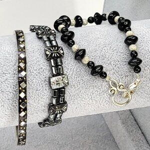 Black Beaded Stretch Bracelet and Bangle Lot of Three Fashion Style LI331